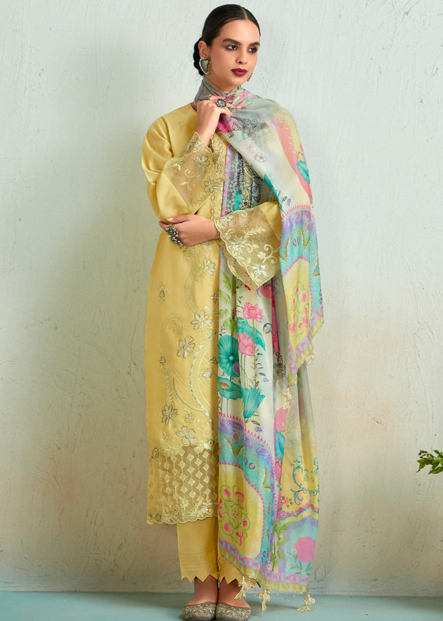 Yellow Embroidered and Digital Printed Pant Style Suit