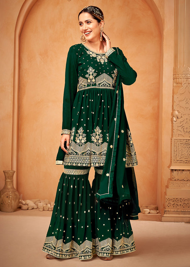 Green and Gold Embroidered Gharara Suit