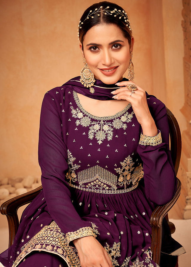Purple and Gold Embroidered Gharara Suit