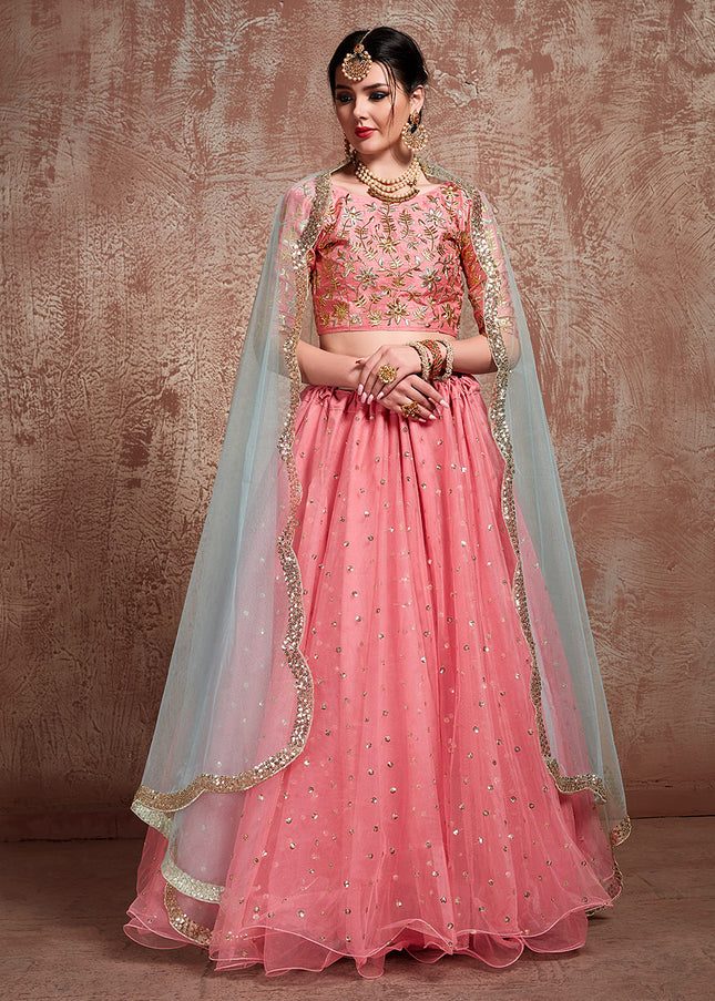 Pink and Light Blue Embroidered Lehenga