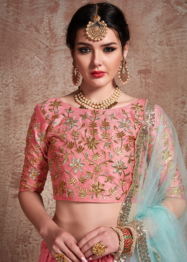 Pink and Light Blue Embroidered Lehenga