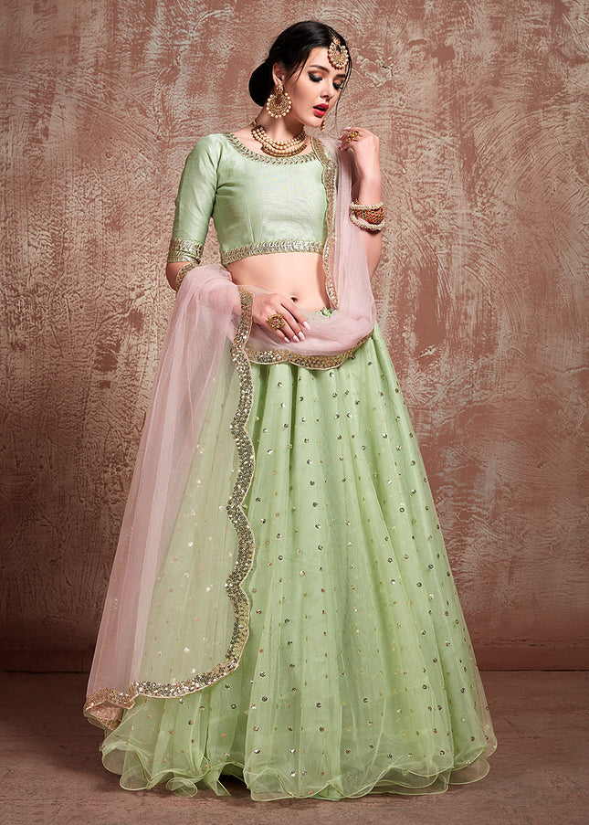 Green and Light Pink Embroidered Lehenga