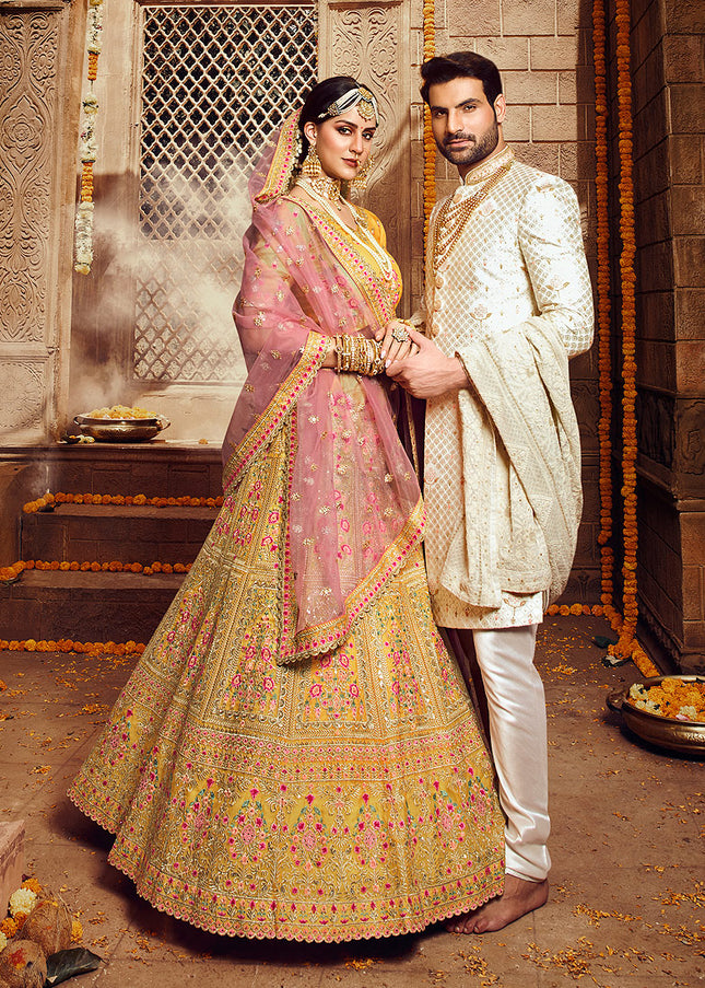 Yellow and Pink Heavy Embroidered Lehenga