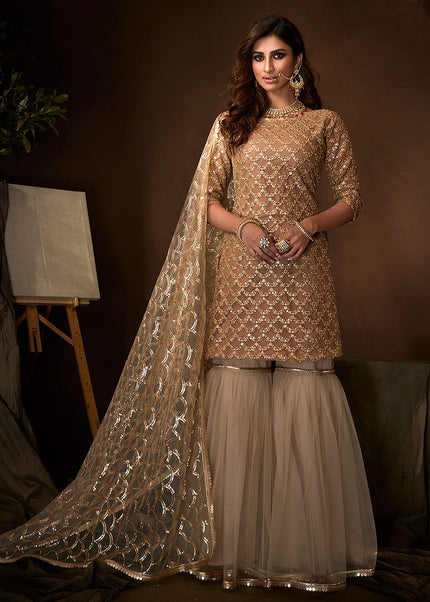 Beige and Gold Embroidered Gharara Suit