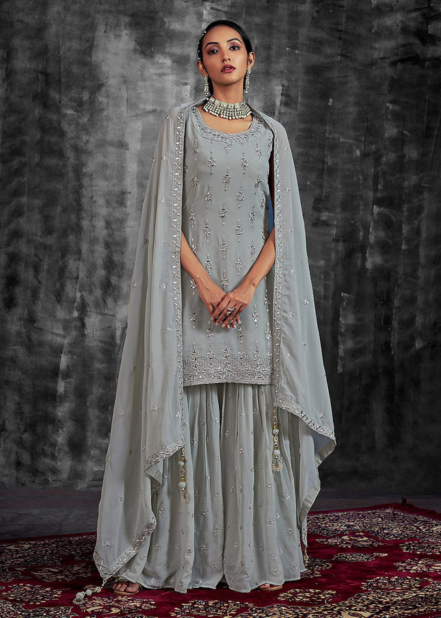 Grey and Gold Embroidered Sharara Suit