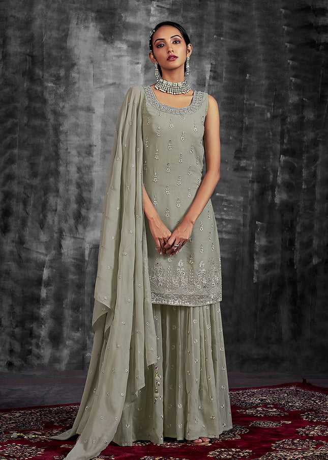 Pista and Gold Embroidered Sharara Suit