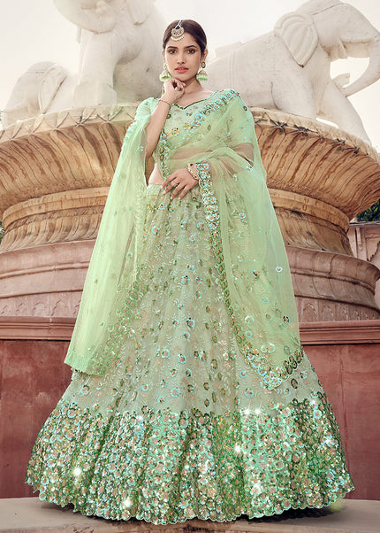 Pista Green heavy Embroidered Net Lehenga