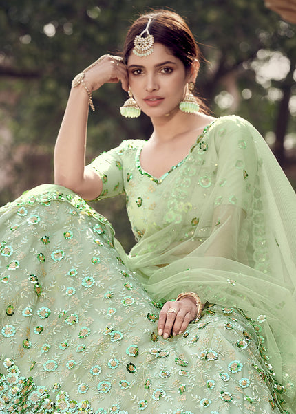 Pista Green heavy Embroidered Net Lehenga