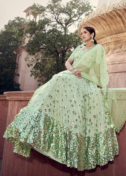 Pista Green heavy Embroidered Net Lehenga