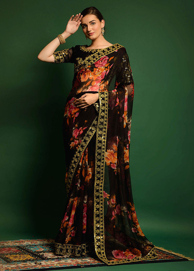 Black and Gold Embroidered + Printed Saree