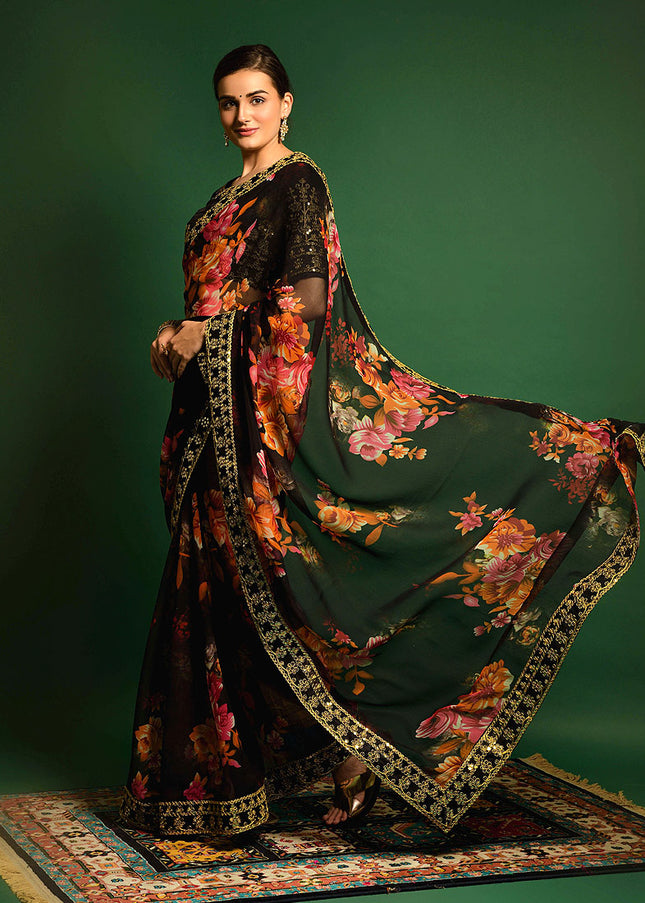 Black and Gold Embroidered + Printed Saree