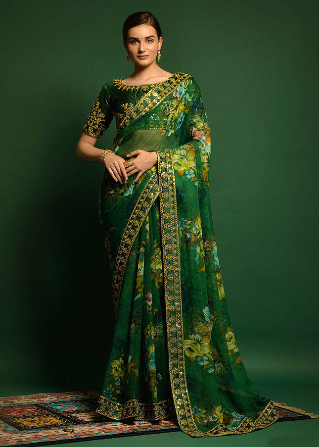 Green and Gold Embroidered + Printed Saree