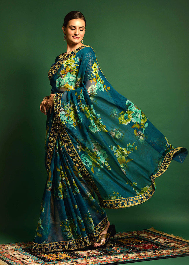 Peacock Blue and Gold Embroidered + Printed Saree