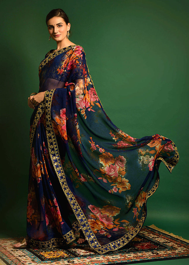 Royal Blue and Gold Embroidered + Printed Saree