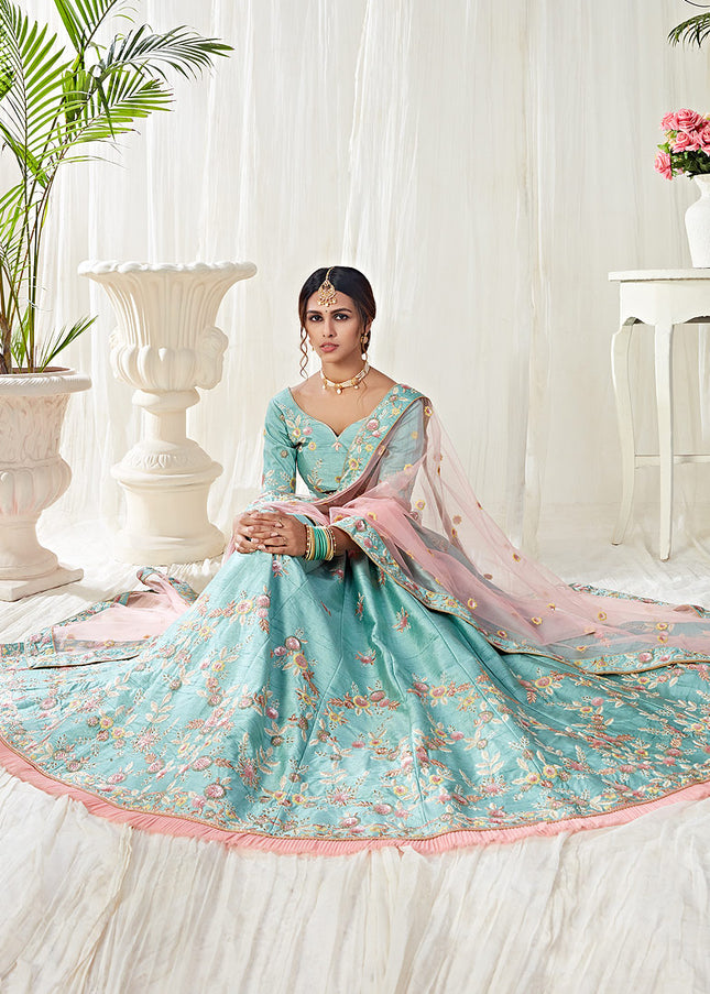 Ice Blue and Gold Embroidered Lehenga
