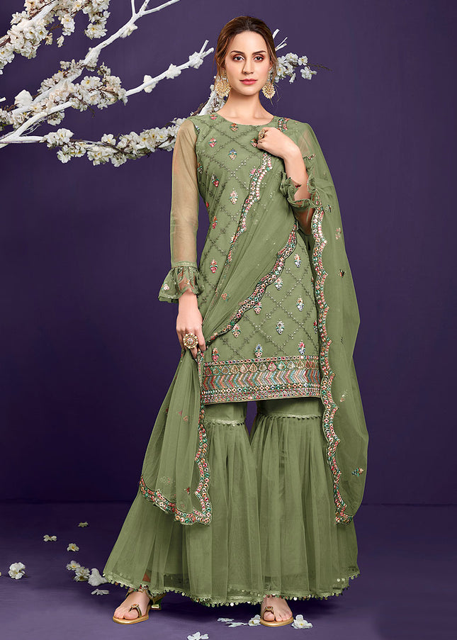 Green Embroidered Gharara Suit