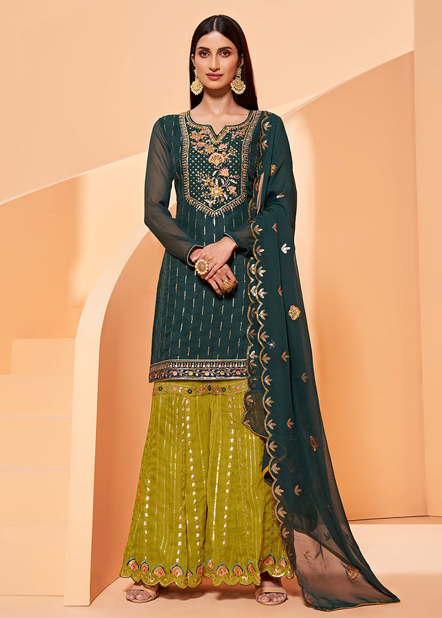 Dark Green and Green Embroidered Gharara Suit