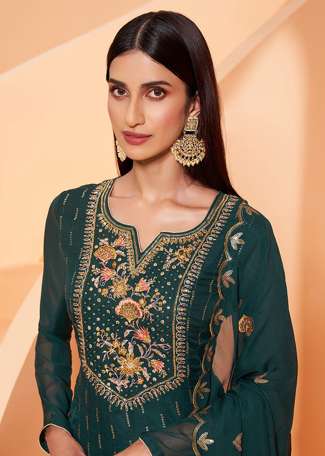 Dark Green and Green Embroidered Gharara Suit