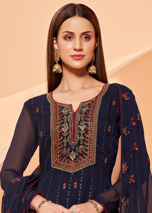 Dark Blue and Gold Embroidered Gharara Suit