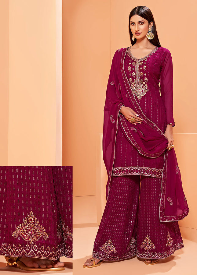 Magenta and Gold Embroidered Gharara Suit