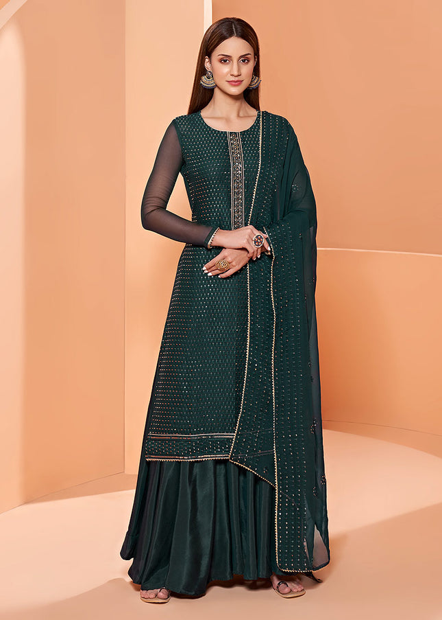 Dark Green and Gold Embroidered Palazzo Suit