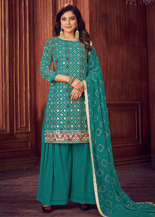 Sea Green and Gold Embroidered Sharara Suit