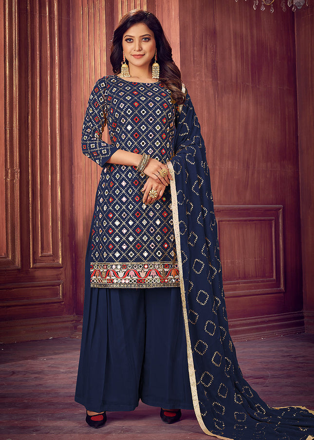 Blue and Gold Embroidered Sharara Suit