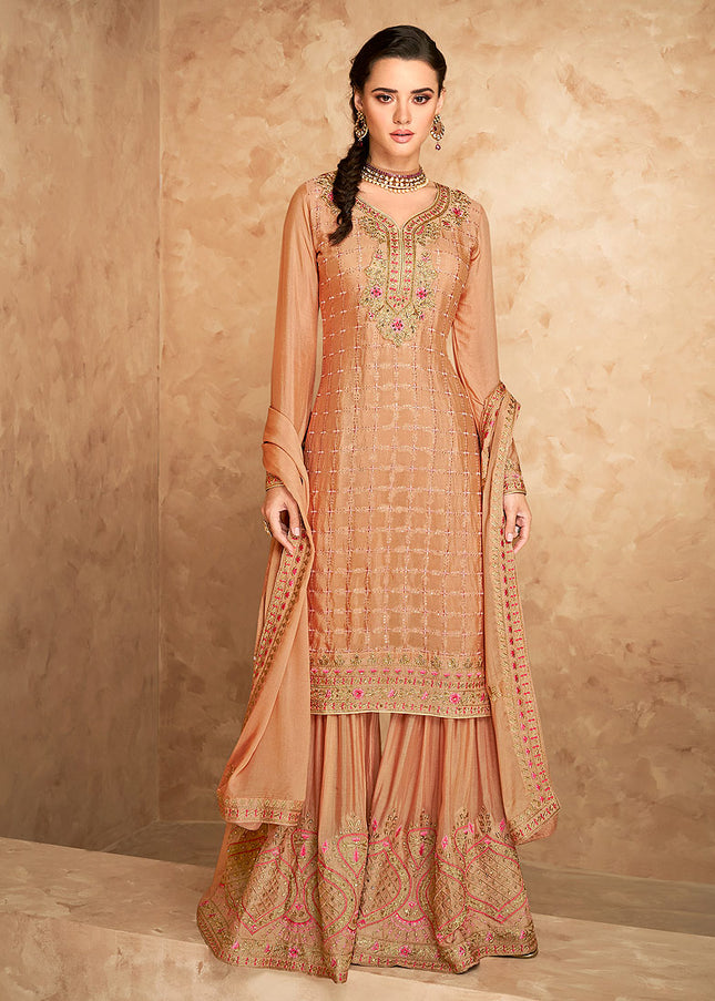 Beige and Gold Embroidered Sharara Suit