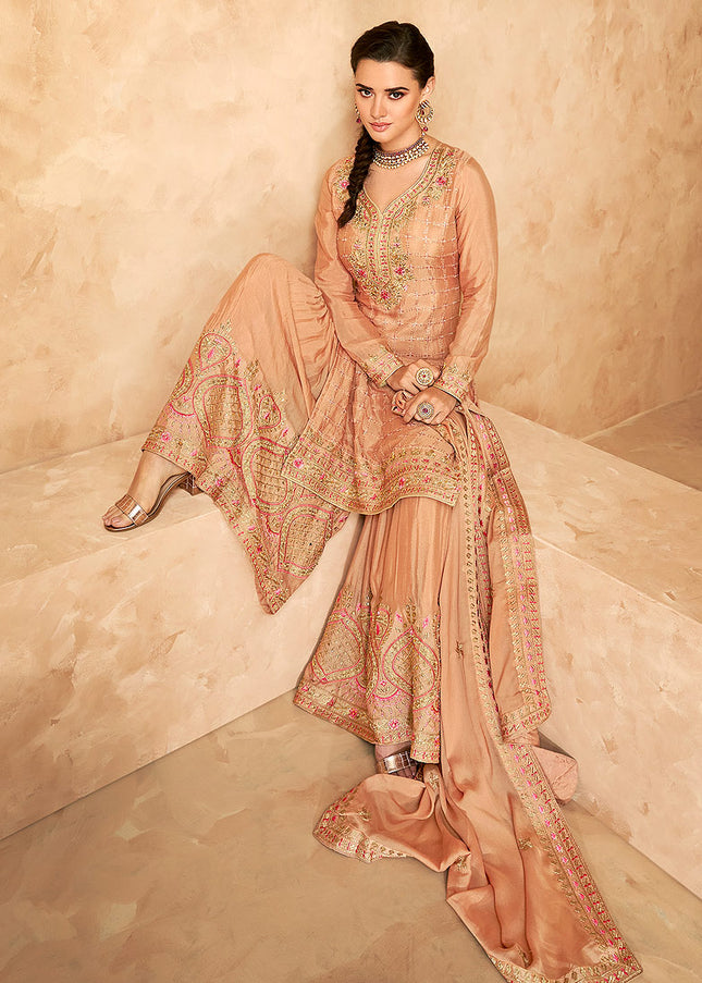 Beige and Gold Embroidered Sharara Suit