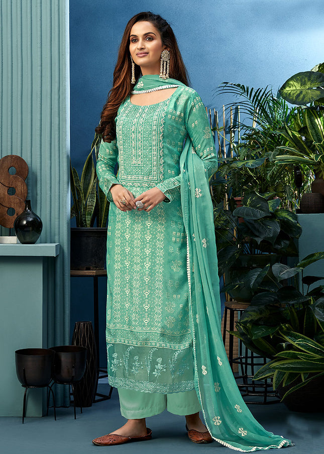 Mint Green Embroidered Palazzo Suit
