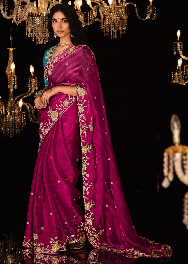 Pink and Blue Embroidered  Wedding Saree