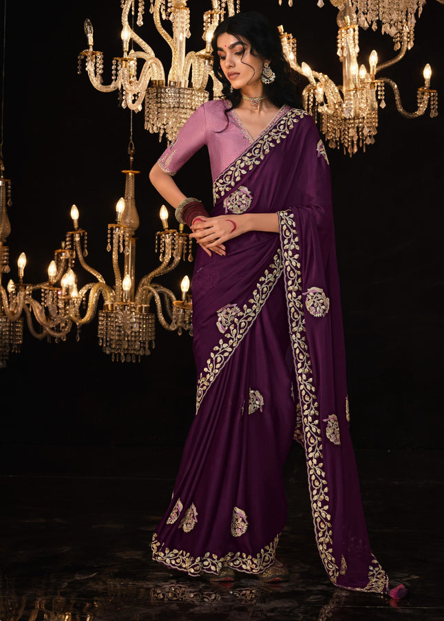 Purple and Pink Embroidered  Wedding Saree