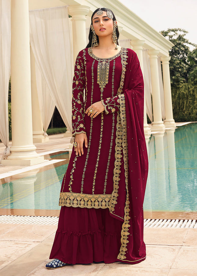 Maroon and Gold Embroidered Sharara Suit