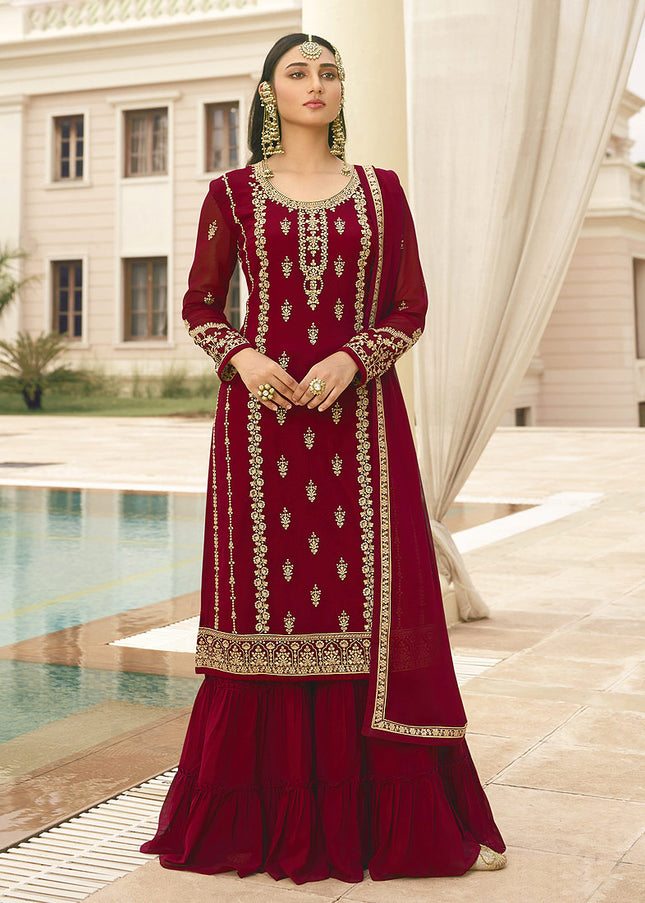 Red and Gold Embroidered Sharara Suit