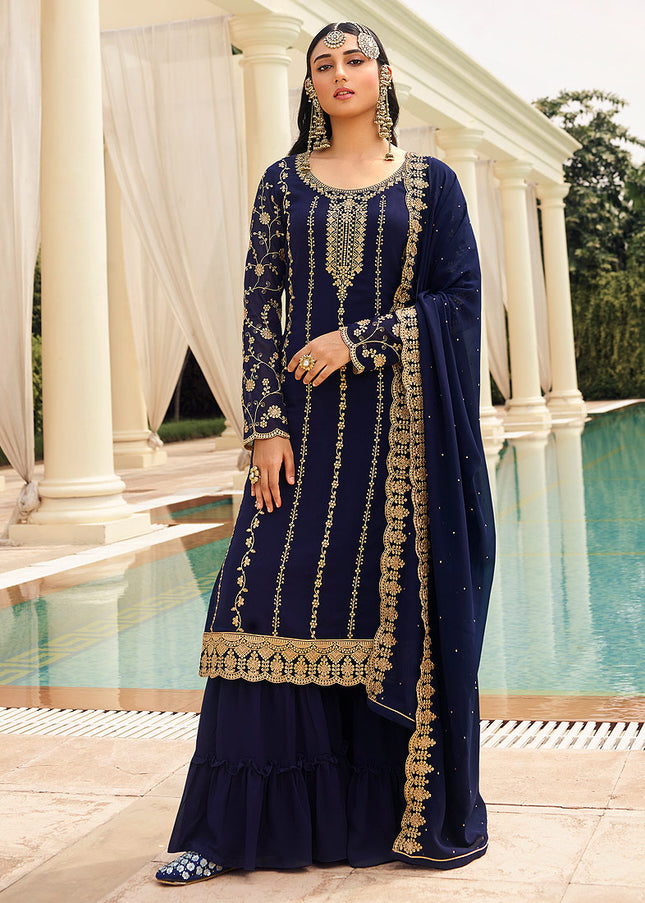Blue and Gold Embroidered Sharara Suit