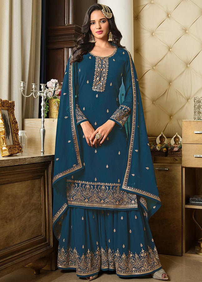 Light Blue and Gold Embroidered Gharara Suit