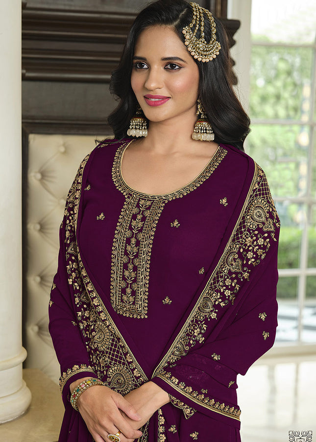 Magenta and Gold Embroidered Gharara Suit
