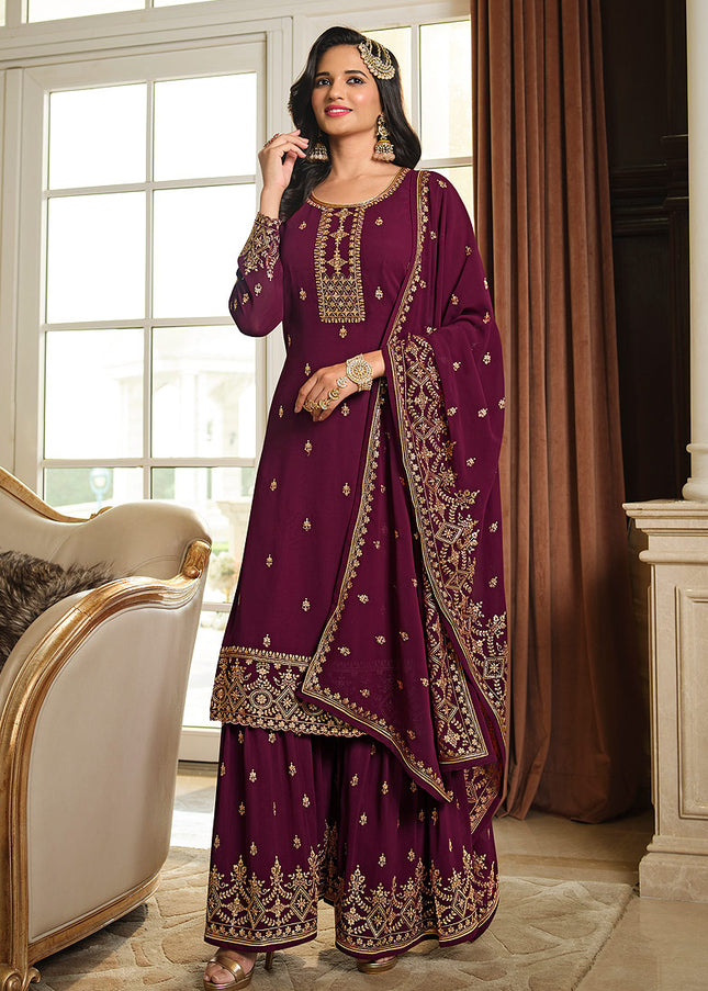 Purple and Gold Embroidered Gharara Suit