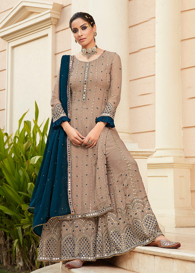Light Grey and Blue Embroidered Palazzo Suit