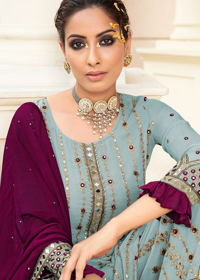 Sky Blue and Purple Embroidered Palazzo Suit
