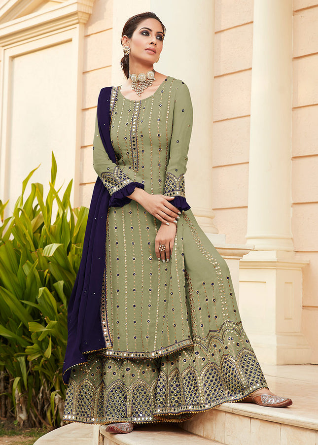 Green and Blue Embroidered Palazzo Suit