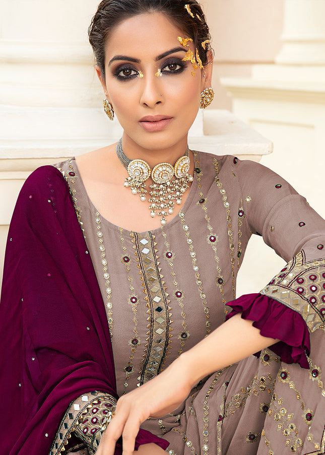 Mauve and Purple Embroidered Palazzo Suit