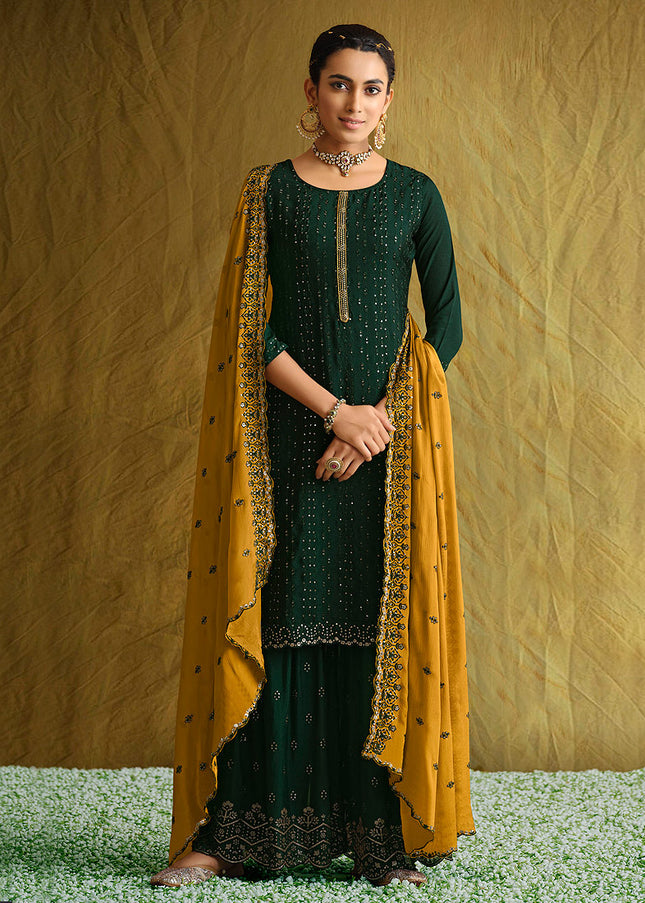 Green and Yellow Embroidered Gharara Suit