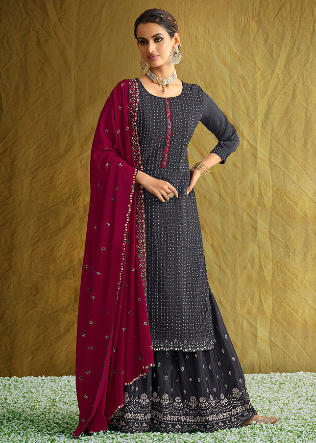 Grey and Pink Embroidered Gharara Suit