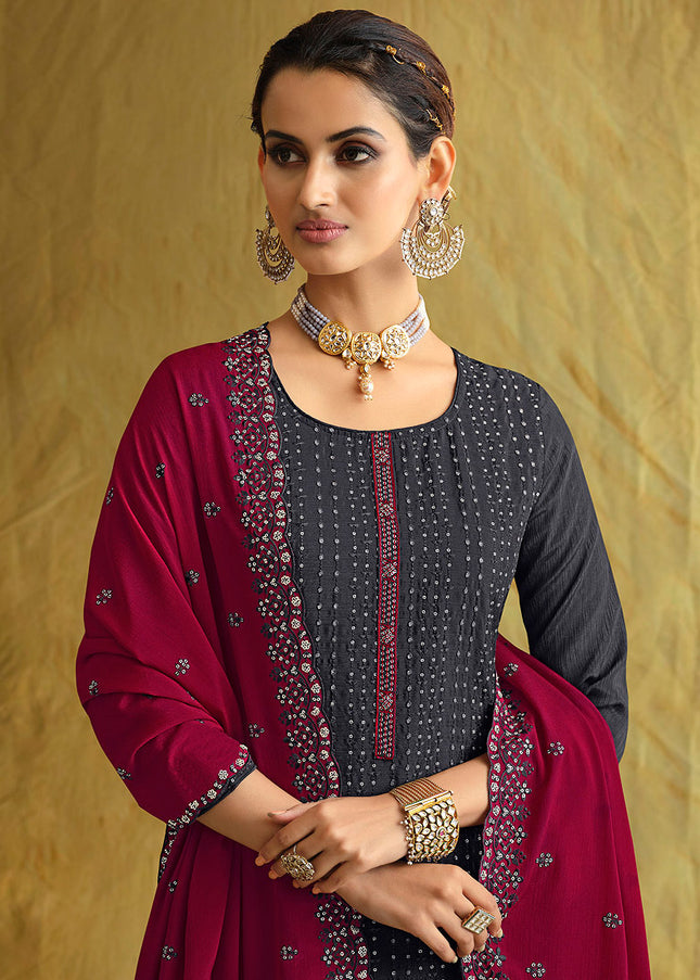 Grey and Pink Embroidered Gharara Suit