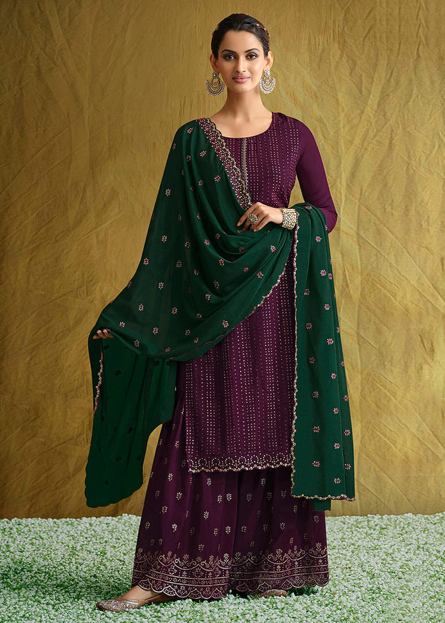 Purple and Green Embroidered Gharara Suit
