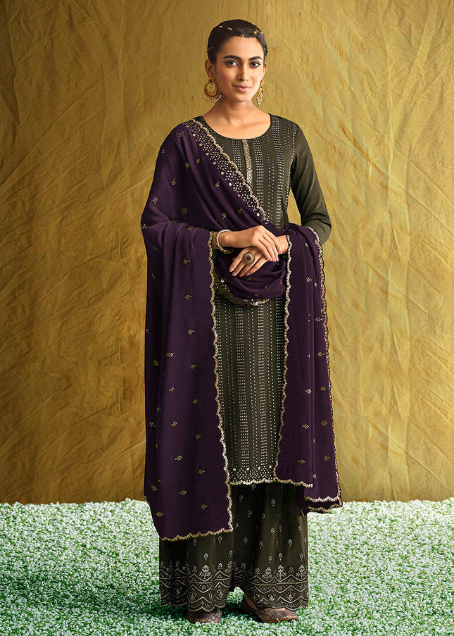 Dark Green and Purple Embroidered Gharara Suit