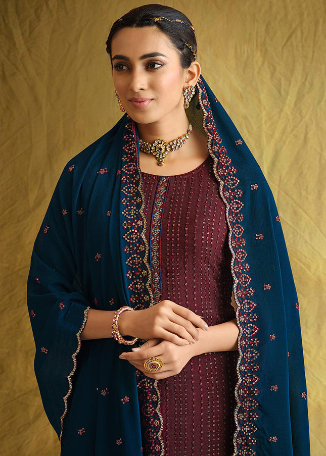 Orange and Blue Embroidered Gharara Suit