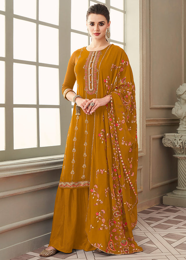 Mustard and Gold Embroidered Palazzo Suit