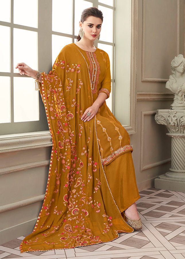 Mustard and Gold Embroidered Palazzo Suit